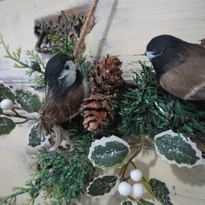 Christmas Birds on Holly Branch, Feathered WInter Chickadees, Hanging Decoration